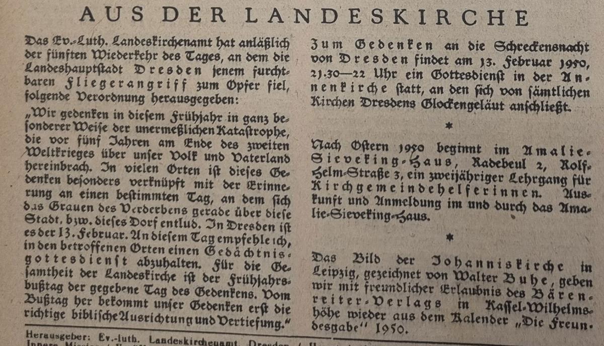 Meldung Sonntag 1950 Gedenken