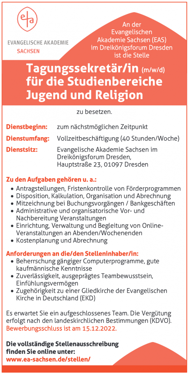 Stellenanzeige Tagungssekretärin