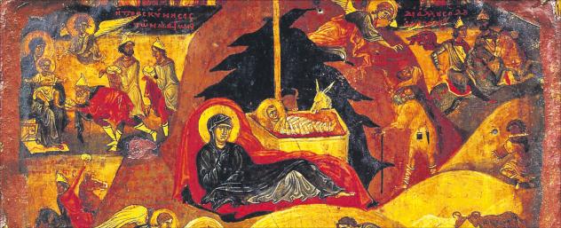 Die Ikone »Geburt und Kindheit Christi« (12. Jahrhundert) aus dem Katharinenkloster/Sinai. Zu sehen: die Krippe Jesu in einer Höhle mit Maria und Ochs und Esel. Foto: Reproduziert nach: Holy image, hallowed ground: icons from Sinai. Los Angeles: Getty Publications, 2006