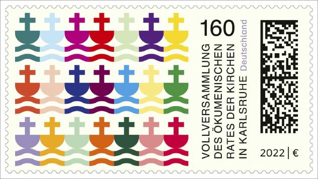 Sonderbriefmarke für einen Großbrief: Das Motiv spielt auf das Logo des ÖRK an, ein stilisiertes Boot mit einem Mast in Kreuzform. Die vielen bunten Boote symbolisieren die Vielfalt der Christenheit. © Bundesfinanzministerium