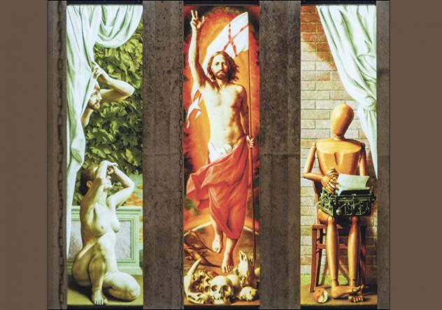 Triegel-Fenster (v. l.): Adam und Eva, der auferstandene Christus, ein Mensch. Foto: Liebner