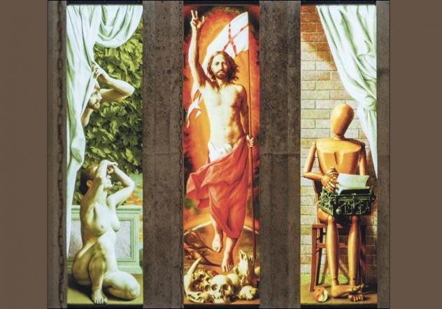 Triegel-Fenster (v. l.): Adam und Eva, der auferstandene Christus, ein Mensch. © Ellen Liebner Triegel-Fenster (v. l.): Adam und Eva, der auferstandene Christus, ein Mensch. Foto: Liebner