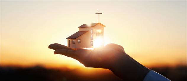 Kirche, Hand, Sonnenuntergang
