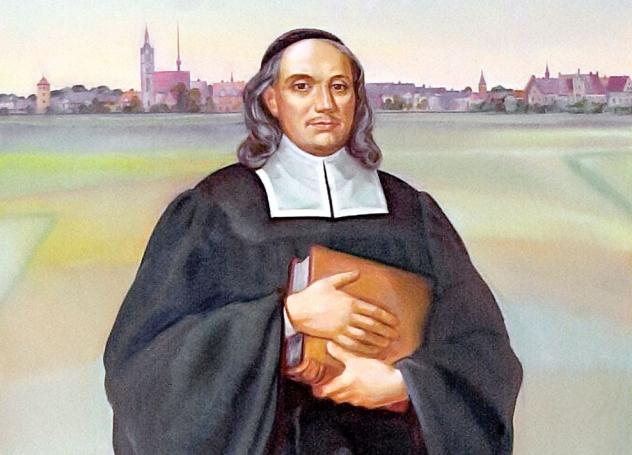 Genie des Kirchenlieds: Paul Gerhardt auf einem Ölgemälde von Wassili Jeremejew aus dem Jahr 2000. Das Bild hängt in der Paul-Gerhardt-Gedächtniskapelle in Gräfenhainichen, wo Gerhardt 1607 geboren wurde. © epd-bild/Jens Schlüter