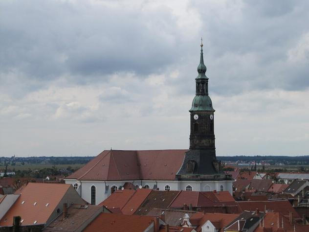 Ansicht der Marienkirche über den Dächern Großenhains aus südöstlicher Richtung