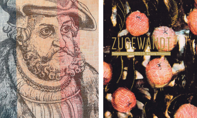 Zwei Stickarbeiten von Gisela Polster auf Vorlagen von Cranach.
