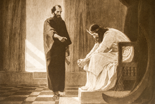 König David ist als Harfe spielender Psalmdichter bekannt. Mit seinem Machtmissbrauch wird er durch Nathan konfrontiert.