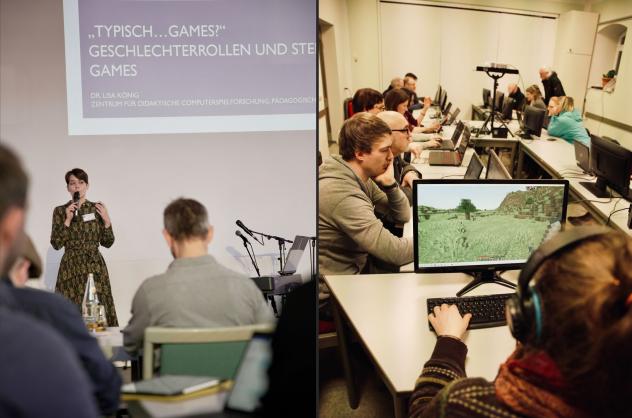 Dr. Lisa König (l.) vom Zentrum für Computerspieleforschung Freiburg sprach über »Gaming«, anschließend wurde selbst gespielt (r.). © Max Schädlich
