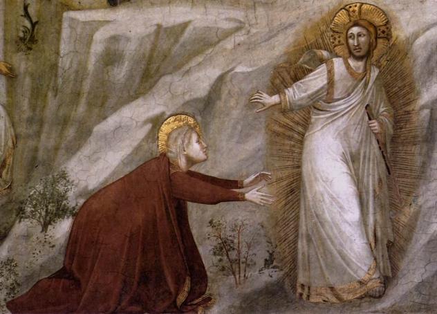 Giotto: Maria Magdalena begegnet dem auferstandenen Christus (Noli me tangere). Fresko, um 1320, Basilika in Assisi, Unterkirche