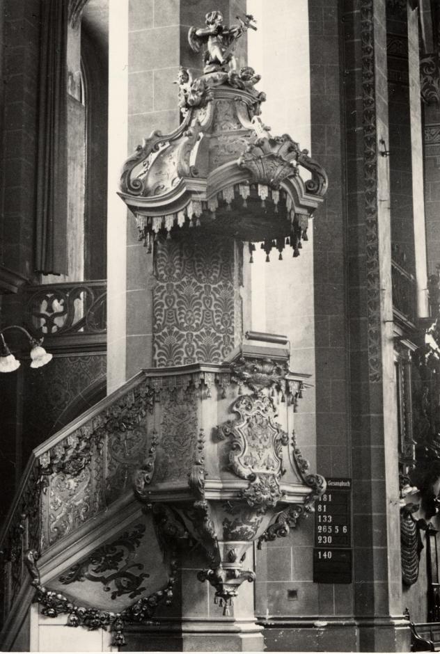 Barockkanzel in der alten Universitätskirche Leipzig. Foto: ZFF, Uni Leipzig/Kustodie