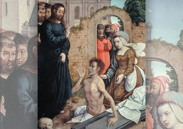 Die Auferweckung des Lazarus von Juan de Flandes, um 1500–1510 (Museo del Prado). 