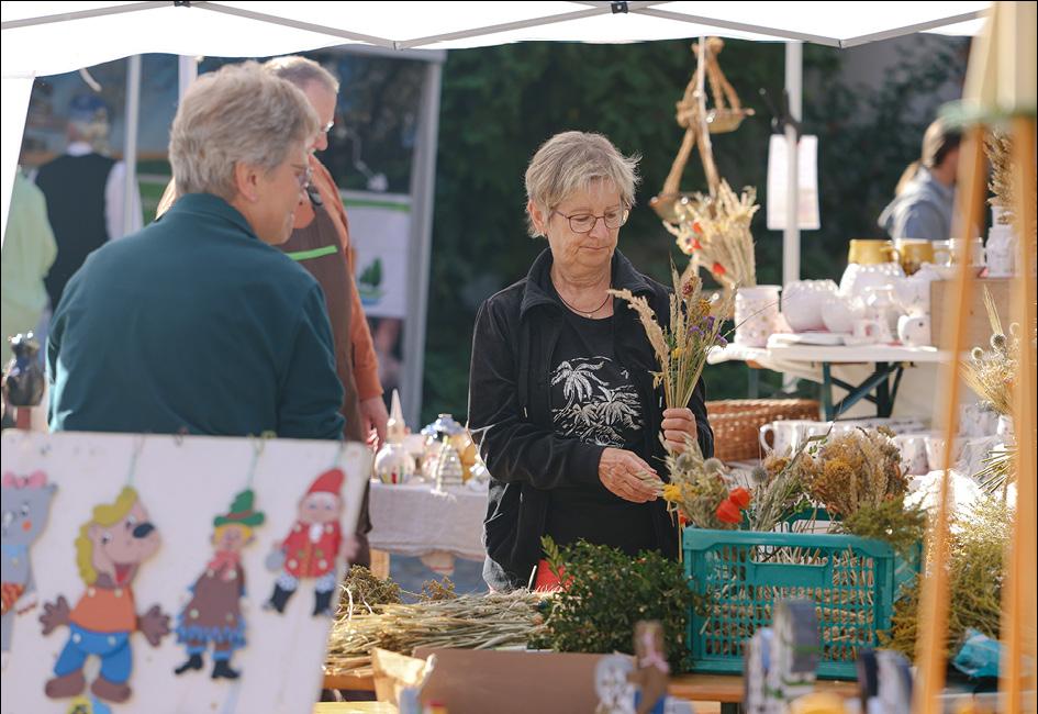 Auf dem Michaelismarkt an der Evangelischen Heimvolkshochschule in Kohren-Sahlis zeigen die Kohrener Landfrauen das Binden von Herbststräußen und Kränzen aus Naturmaterialien. © Sächs. Landeskuratorium ländl. Raum