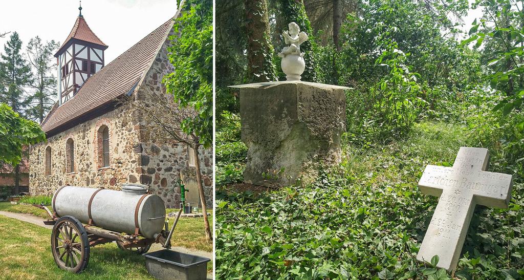 Friedhof und Bibelgarten umgeben die spätgotische Feldsteinkirche von Niederlepte. Der Wasserwagen spendet dringend benötigtes Gießwasser. Zwei von drei erhalten gebliebenen Kindergrabsteinen (re.) liegen auch auf dem Gelände. © Angela Stoye