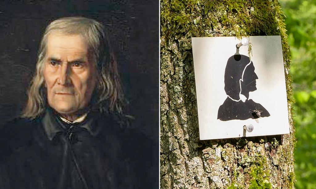 Links: Friedrich Rückert (Bild von Bertha Froriep); Rechts: Zeichen des Rückert-Wanderwegs. © Georg Magirius 