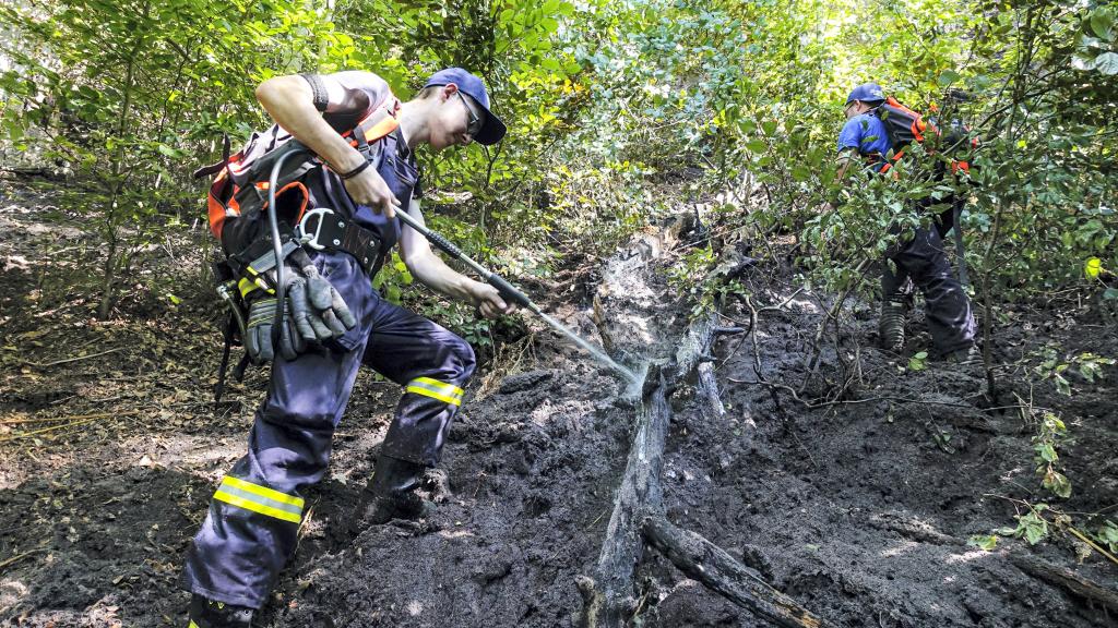 Die Feuerwehrleute Leon (l.) und Tim aus Rathen bei der Nachkontrolle. Foto: Daniel Förster