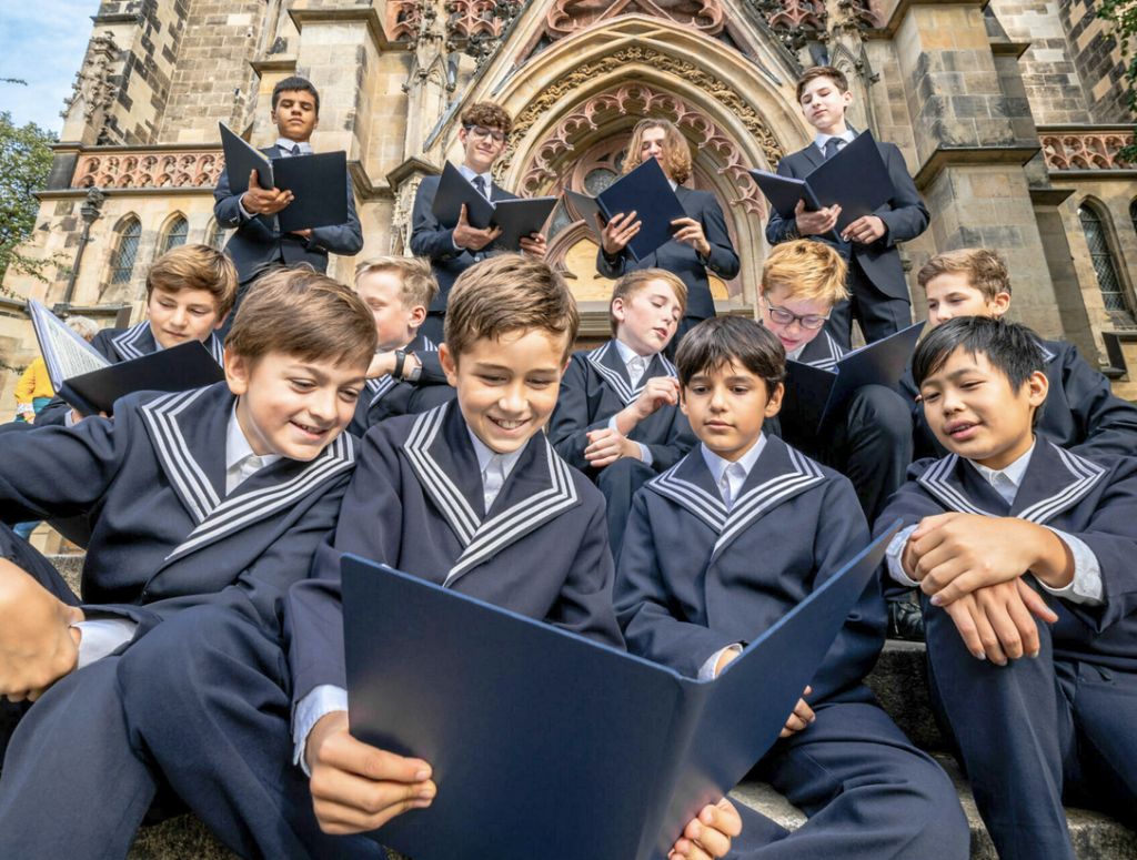 Gefragte Sängerknaben: Thomaner vor dem Portal der Thomaskirche Leipzig. Auch 2025 bieten sie ein umfangreiches. Programm mit zahlreichen Höhepunkten. © Philipp Kirschner – leipzigtravel