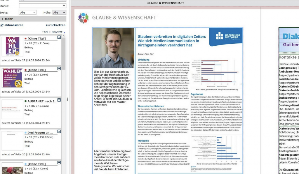 Auf dieser Online-Oberfläche des Gemeindebriefportals erstellen die Kirchgemeinden Waldheim-Geringswalde ihren Gemeindebrief. © Screenshot