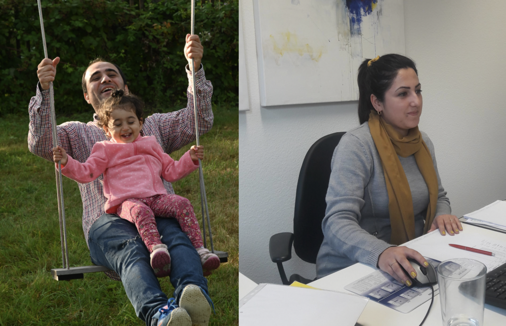 Beim Osterausflug in diesem Jahr (l.) und Brivan an ihrem Arbeitsplatz in einem Dresdner Steuerbüro (r.) © Steffen Giersch