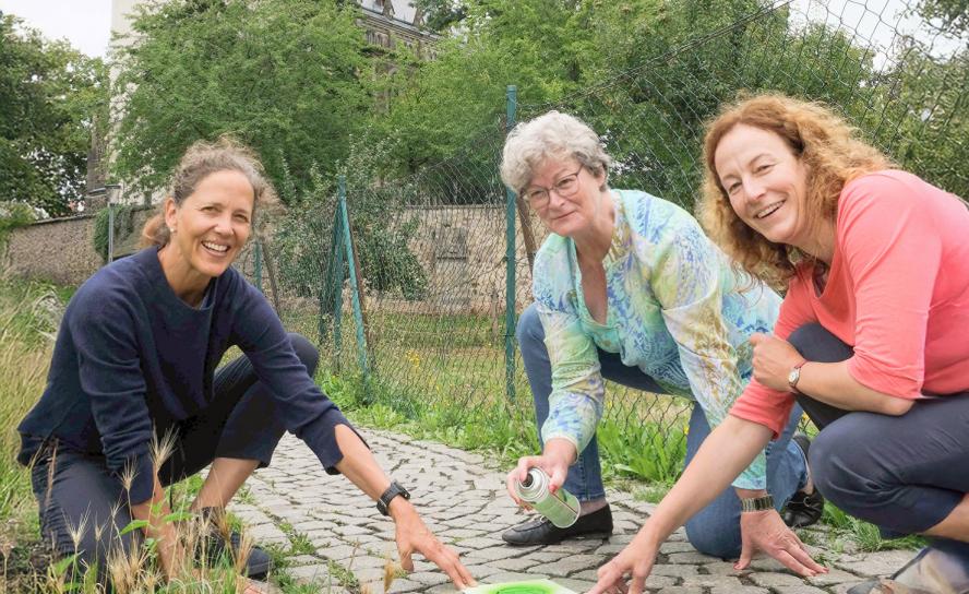 Pfarrerin Annegret Fischer, Carola Schul und Christina Nehrkorn-Stege (v. l.) sprühen das Logo auf die Pflastersteine. © Birgit Andert