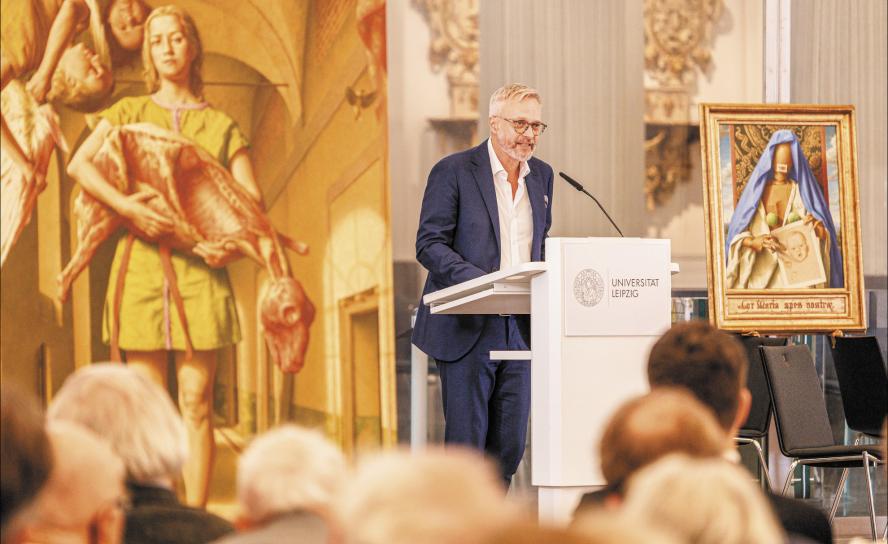 Vortrag und Podiumsgespräch mit dem Leipziger Maler Michael Triegel in der Aula der Universitätskirche St. Pauli Leipzig. Gastgeber war das PaulinerFORUM, eine Diskursplattform der Stiftung Universitätskirche St. Pauli. © Uwe Winkler