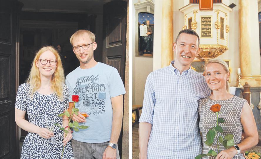 Verliebt und gesegnet (v.l.): Daniela und Marcus Hayde sowie Marion und Dirk Junghans haben sich als Paare in der Kirche Rehbach bei Leipzig segnen lassen. Jedes Paar erhielt eine Rose und bekundete sich ihre Verbundenheit. Fotos: Pfeiffer Segensfeier, Kirche, Rose, Paar, Beziehung, verheiratet, verliebt, Rehbach