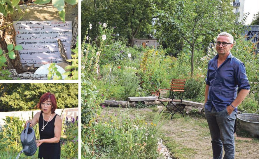 Ein blühender Garten, wo früher der Todesstreifen war: Songjie Lui (l.) und Bernd Schumann (r.) bewirtschaften den Garten »Niemandsland«, der seit 2015 am Ort der früheren Berliner Mauer für Farben, Düfte, Begegnungen und Versöhnung sorgt. Links oben: Ein Liedtext Hildegard von Bingens. Fotos: H.-J. Röder
